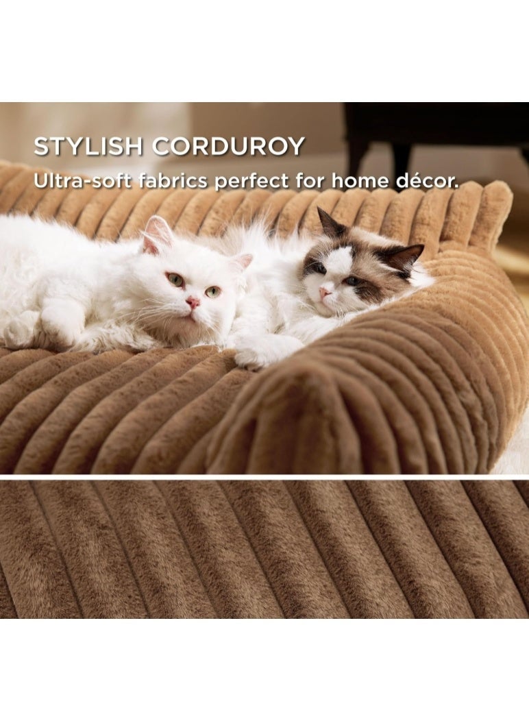 Pet bed - Premium and Adorable Sofa for Pet Cats - Fluffy Cat beds with Luxury High-Quality Corduroy Fabric, Suitable as a Pet Bed for Cats and Small Dogs,  Supportive Pet Sofa, 76cm, Brown - Image 3